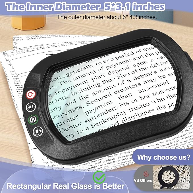 12X Square Magnifying Glass with Light and Stand, Real Glass LED Lighted Magnifier and Phone Holder, 5 Color Modes Stepless Dimmable, Hands-Free Desk Lamp for Craft Hobby Close Work Black and Holder