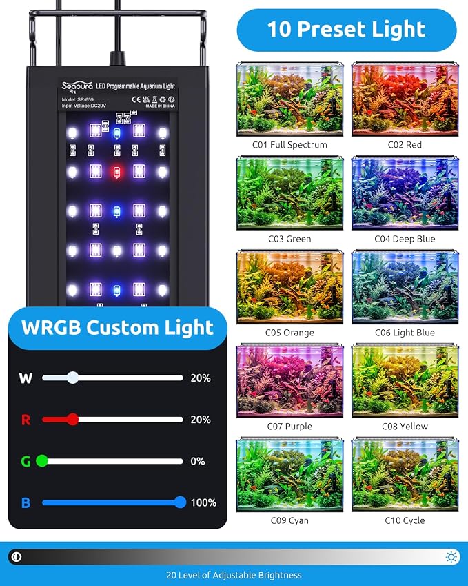SEAOURA WRGB DIY Aquarium Light for 48-54in Freshwater Fish Tank | high PAR full spectrum, 9 colors+20 dimming, 3 timers+memory, temp alarm, adjustable bracket, aluminum shell, SR-659