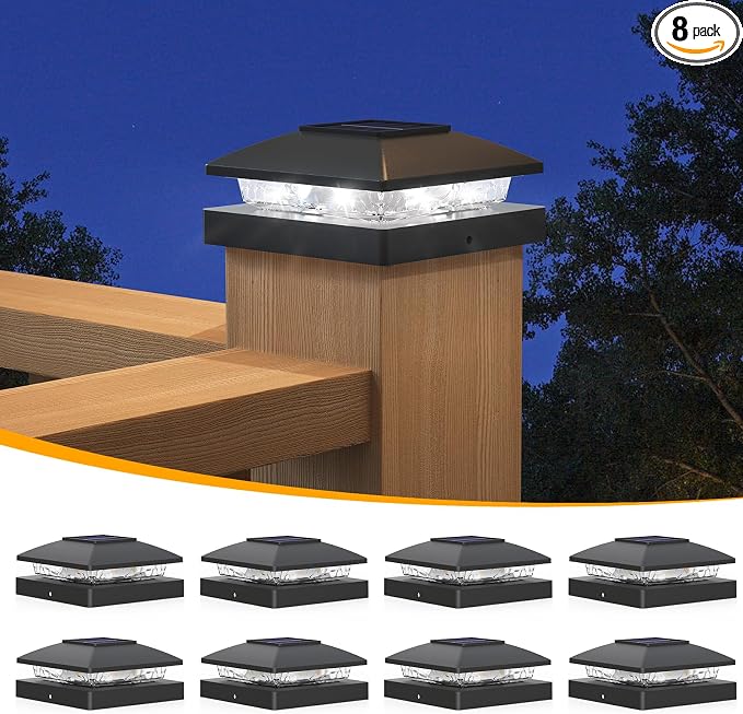 APONUO Solar Post Cap Lights for 4x4 Posts - IP64 Waterproof, 6500K LED, No-Wire Fence Lights & Deck Lights for Patio Garden Yard Patio, Black-Cool White, 8 Pack