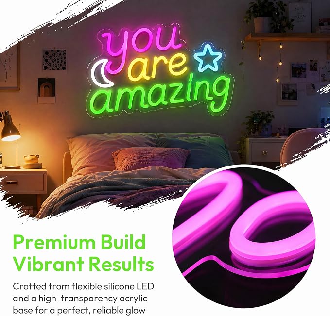 You Are Amazing Neon Sign - Pink/Yellow/Green Moon & Stars Wall Decor | 15.7"x9.8" Bedroom Light with Dimmer, 6.5ftUSB Powered, Hanging Chian Included