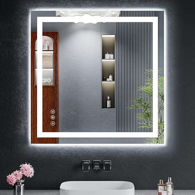 30"x30" LED Bathroom Mirror with Lights, Backlit+Frontlit, Anti-Fog | CRI 95, Stepless Dimmable, 3 Colors Lighting, Shatterproof Tempered Glass, HD Reflection, Memory, (Horizontal/Vertical)
