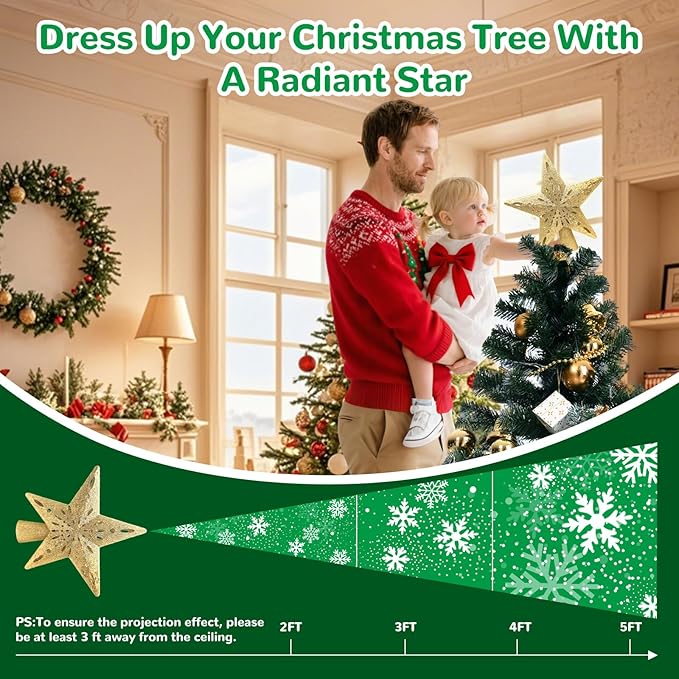 Christmas Star Tree Topper with Built-in Led Snowflake Projector Lights Hollowed Pentagram Golden Tree Topper,Plug in Christmas Tree Ornament for Indoor New Year Holiday Tree Decoration