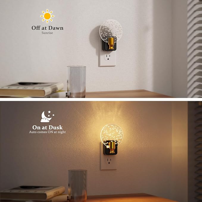 JandCase Night Light, Dimmable Night Lights Plug into Wall 2 Pack | Bubble Nightlight with Auto On/Off Light Sensor, 0-100LM LED Round Nightlights, 180°Rotatable Acrylic Nite Light for Hallway