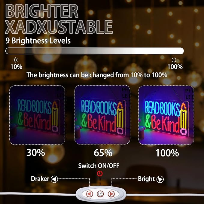 Read Books And Be Kind Neon Sign for Wall Decor Colorful Read Books Neon Light Dimmable Classroom LED Light up Signs for Study Room Bookstore Bedroom Classroom Library Decor