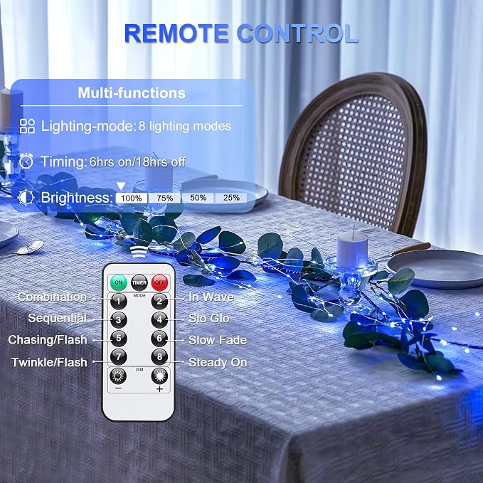 JMEXSUSS 2 Pack 33ft 100 LED Fairy Lights Battery Operated, Blue and White | Christmas Lights with Remote, Timer, 8 Modes, Battery Powered Twinkle String Lights for Bedroom Christmas Tree Mantel Decor