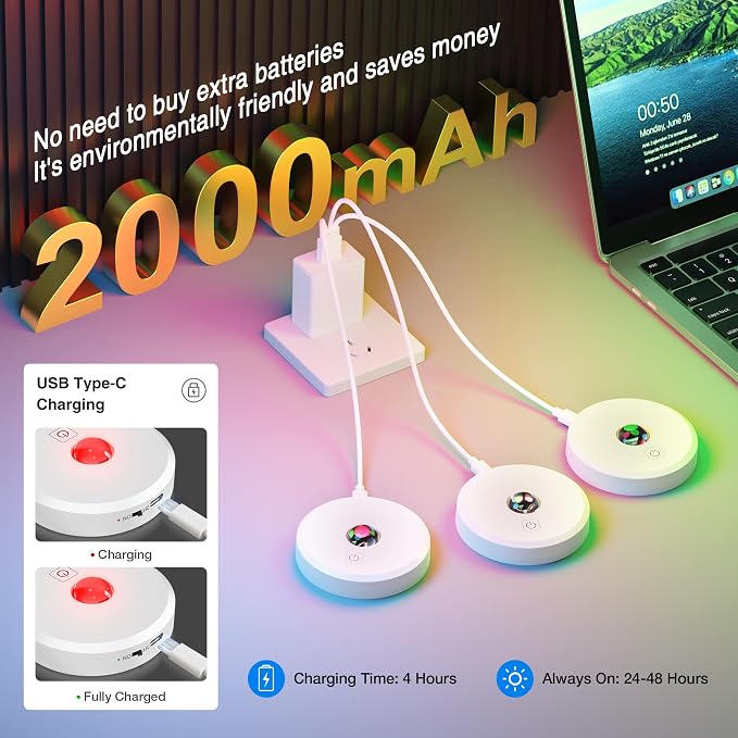 RGB Puck Lights with Remote Control,Under Cabinet Lighting,white,3 PCS | 2000mAh Battery Operated Tap Lights Rechargeable, 9 Colors & 2 Dynamic Changing, Magnetic Stick on Light for Closet