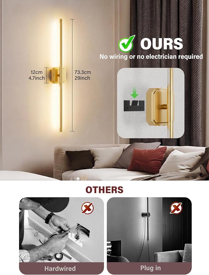 Battery Operated Wall Sconces Set of Two, Wireless Wall Lights Touch & Remote Control Rechargeable LED Wall Lamp 2700K-6000K Dimmable Lights for Living Room Bedroom Bathroom Hallway( 29 ", Gold)