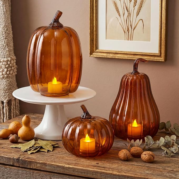Yungyan Set of 3 Glass Pumpkin Lamp Shades Fall Decor,Brown | Pumpkin Candle Holder Rustic Thanksgiving Halloween Autumn Mantel Table Centerpiece Home Decoration, Lights Not Included