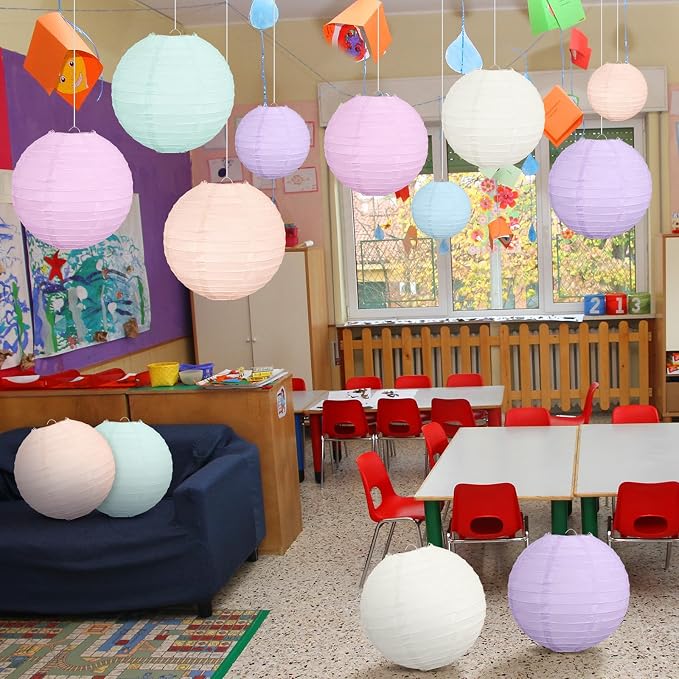 16 Pcs Pastel Paper Lanterns Party Decorations 4'' 6'' 8'' 10'' Colorful Hanging Lanterns Classroom Ceiling Decor Macaron Color Round Decorative for Indoor Outdoor Back to School Wedding Birthday