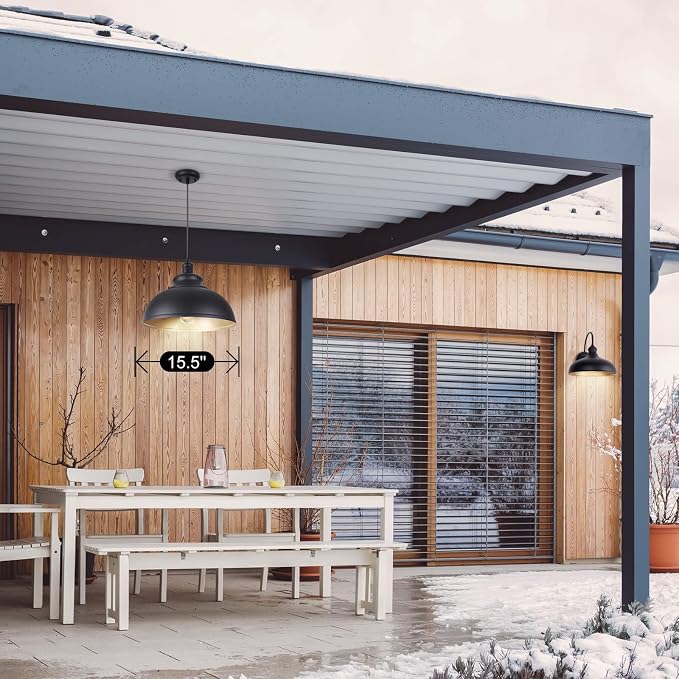 15 1/2in Large Dome Barn Pendant Light for Farmhouse, Black Ceiling Mounted Lighting with Brass Interior for Kitchen, Indoor and Outdoor Hanging Light Fixture with Ajustable Cord
