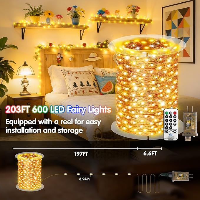 KNONEW 203FT 600 LED Outdoor Fairy Lights Plug in, Christmas Fairy Lights Outdoor Waterproof 8 Modes Memory Times for Wedding Bedroom Walls Garden Trees Decoration(Warm White)