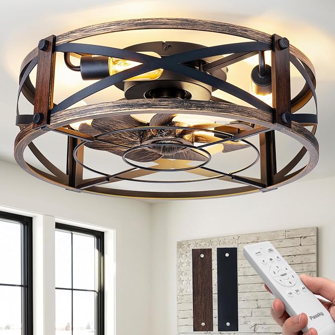 Passky 20" Caged Ceiling Fans with Lights and Remote, Low Profile Fandelier | Reversible DC Motor, 1/2/4H Timer, 6 Speeds, Farmhouse Style, Quiet Operation, for Bedroom, Kitchen, Dining Room, Living Room