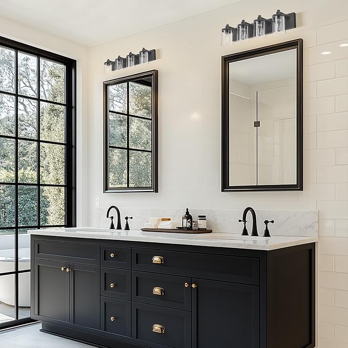 Bathroom Vanity Light, 4 Light Matte Black Light Fixture with Clear Glass Shade, 29 in Modern＆Farmhous Vanity Lights, Bathroom Light Fixtures Over Mirror for Bathrooms, Livingroom