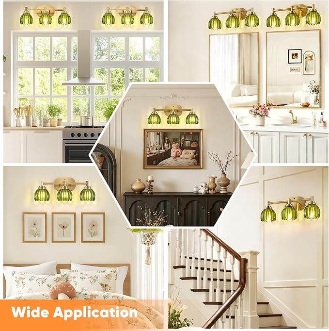 Bathroom Light Fixtures, 3-Light Brushed Gold Vanity Lights for Bathroom with Tulip Green Glass Shade, Bathroom Vanity Lighting Over Mirror, Gold Wall Lamps for Bedroom, Living Room, Hallway
