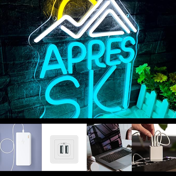 Apres Ski Neon Sign, Dimmable LED Neon Light, USB Powered Wall Art, Goggles Winter Sports Decor for Bedroom, Man Cave, Home, Birthday Gifts for Skier(10.6 * 13in)