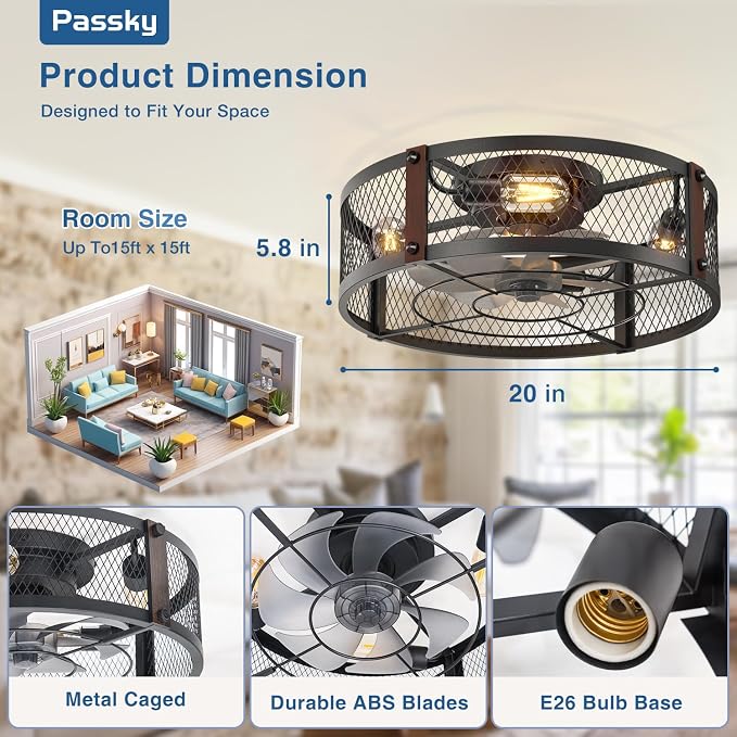 Passky 20" Caged Ceiling Fans with Lights and Remote, Low Profile Fandelier | Reversible DC Motor, 1/2/4H Timer, 6 Speeds, Farmhouse Style, Quiet Operation, for Bedroom, Kitchen, Dining Room, Living Room