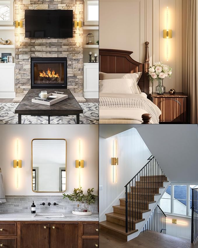 Wall Sconce Set of 2: Gold Rechargeable Wireless Magnetic Install, Crystal | 10000mAh Battery Operated, 360° Rotatable Wall Light,4CCT Dimmable LED Scone Lighting for Living Room Bedroom. 31.7in