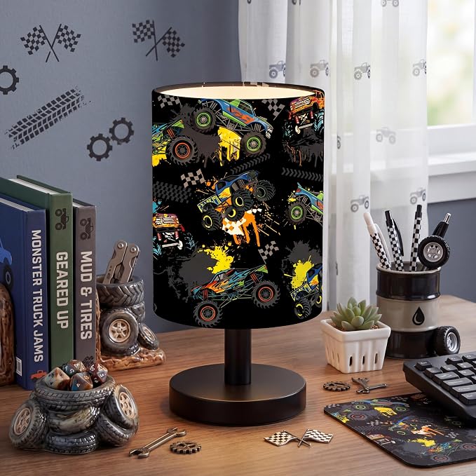 Truck Kids Table Lamp for Bedroom Kids Bedside Lamp with Linen Wooden Nightstand Cartoon Nursery Lampshade for Girls Boys Living Room