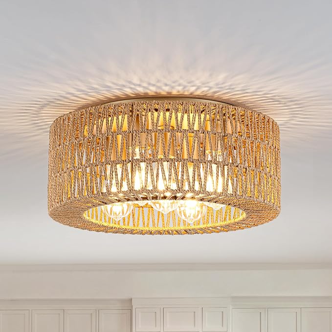Rpzloila 18" Rattan Light Fixture, 5-Light Boho Ceiling Light, Gold Flush Mount Ceiling Light for Bedroom, Hallway, Entryway, Kitchen, Living Room