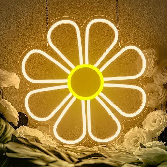 Flower Neon Sign Cute Daisy Dimmable LED Window Light for Bedroom Decor | 12.6IN*12.6IN,Five level brightness adjustment,USB powered,For Bar,Club,Pub,Living room,Bedroom,Restaurant,Beach Bungalow