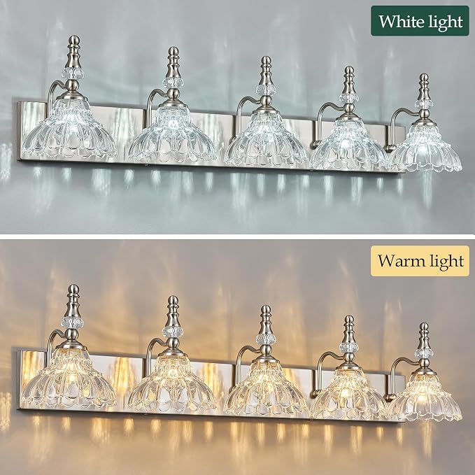 Vintage Bathroom Vanity Light, 5-Light Brushed Nickel Vanity Lighting Fixture with Flower Glass Shade, Bathroom Lighting Fixtures Over Mirror
