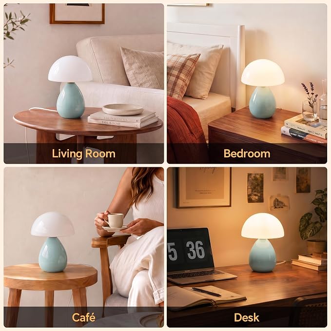 Mushroom Lamp Table Lamp for Bedroom,Ice Crackle Desk Lamp Bedside Small Lamps for Living Room Night Stands,Table Lamps Cute Modern Mid Century Lamps (Blue-Ice Crackle)