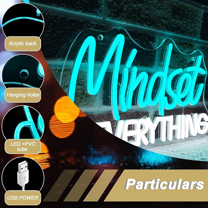Mutank Mindset Is Everything Neon Sign Wall Decor, Motivational Neon Light USB Powered LED Dimmable, for Classroom Decor Office Gym Library Bedroom Bar Sign(14.1 * 7.8 In)