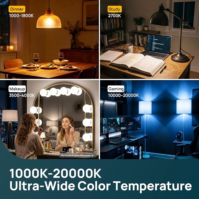 Linkind Matter Smart Light Bulbs 5GHz, Compatible with Alexa/Apple Home/Google | UltraColor 1100LM Color Changing Light Bulbs, 1000-20000K, Music Sync, Dotis AI, A19 2.4G & 5G WiFi 6 Bluetooth, 6Pack