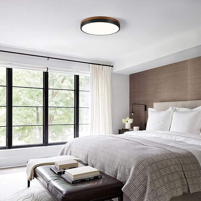 Modern Walnut Wood Black Flush Mount Ceiling Light 11.81 Inch | Round LED Low Profile Lighting Fixture For Kitchen Bedroom Bathroom Laundry Hallway Entryway Closet Living Room