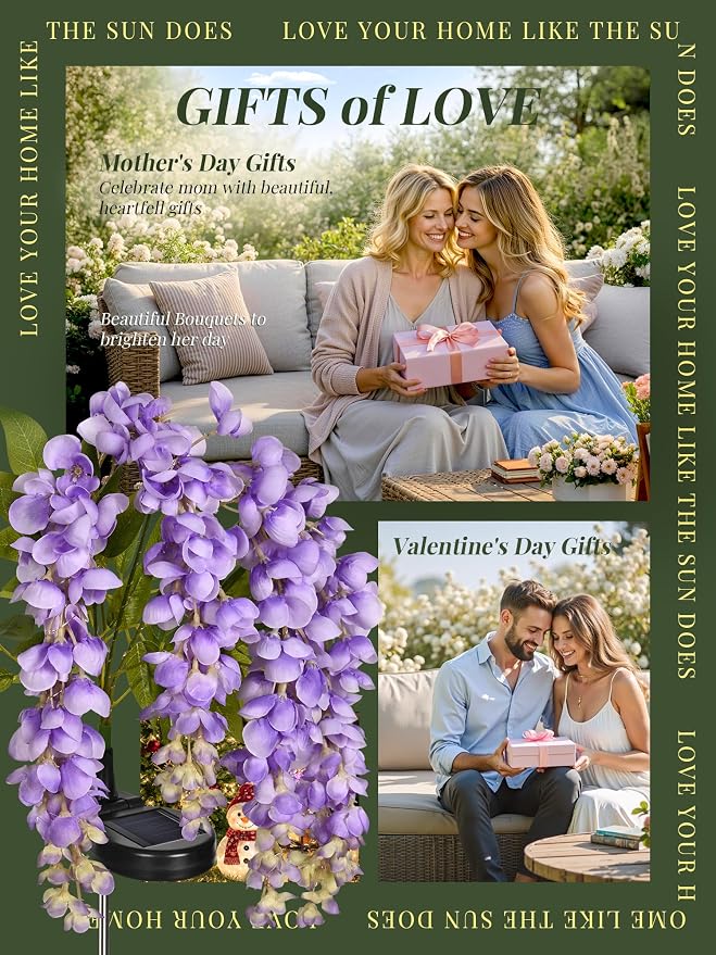 GIGALUMI 3 Pack Solar Wisteria Flowers Outdoor, 2 Modes, Purple | Flower Lights, IP65 Waterproof, Auto On/Off, Solar Powered, Garden Decor, for Pathway, Yard, Patio, Gardening Gifts for Women