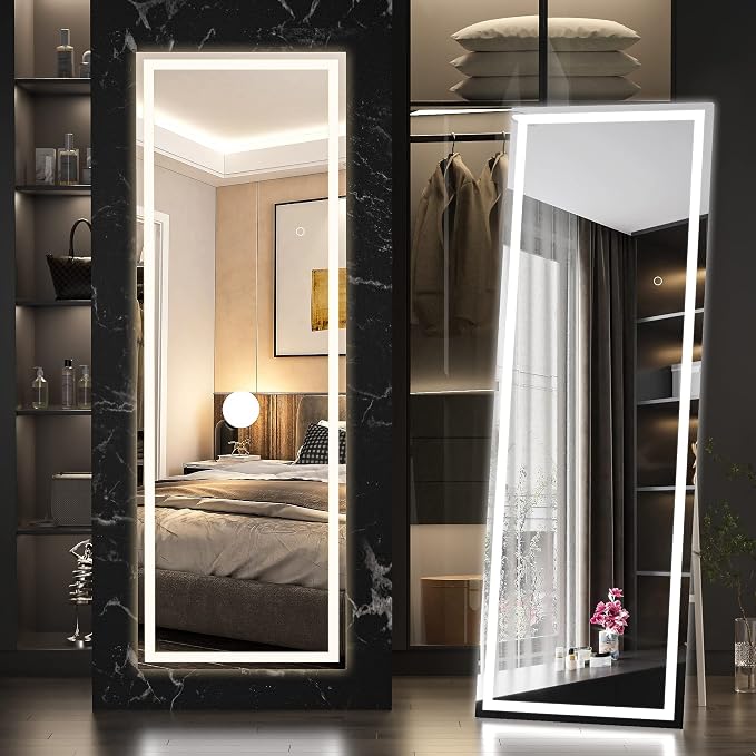 Hasipu Full Length Mirror with Lights, 56" x 15.8" LED Floor, Full Body Dressing Standing, Hanging Mounted Mirror, Square White