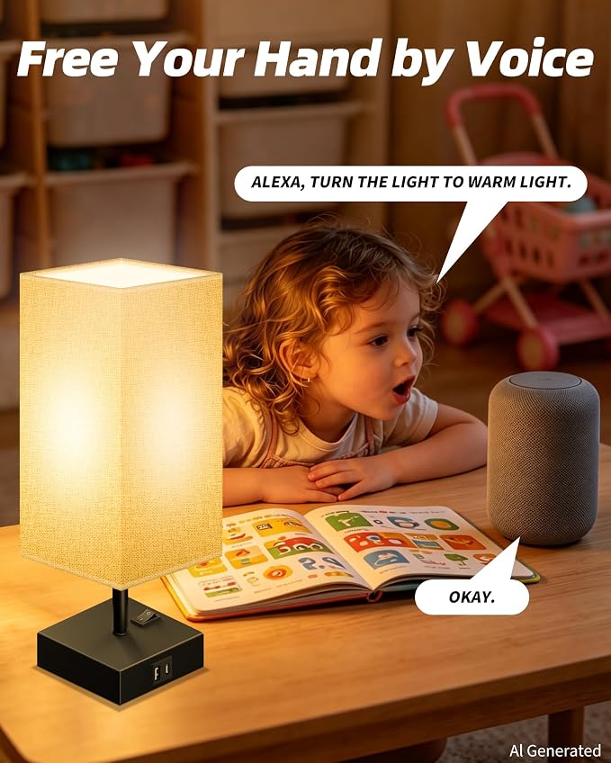 Set of 2 Smart RGB Dimmable Table Lamp Work with Alexa&APP&Remote Control | Bedside Desk Lamp with Charging Ports&Phone Stand, Music Sync Nightstand Lamp for Bedroom Living Room Office Dorm, Gray