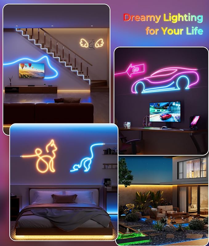Led Neon Lights Strip - 50FT RGB Led Rope Light Flexible Mult-Modes | Control with App/Remote Rope Lights，IP65 Waterproof Outdoor Neon Music Sync Gaming Strip for Bedroom Wall Decor