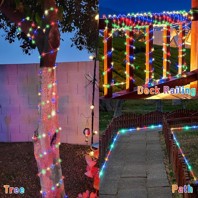 YEGUO Solar Rope Lights Outdoor Waterproof, 2 Packs Each 33ft 100 LED String Lights, 8 Modes Fairy Lights in Clear Thin Tube for Camping Fence Patio Garden Trampoline Deck(Multicolor)