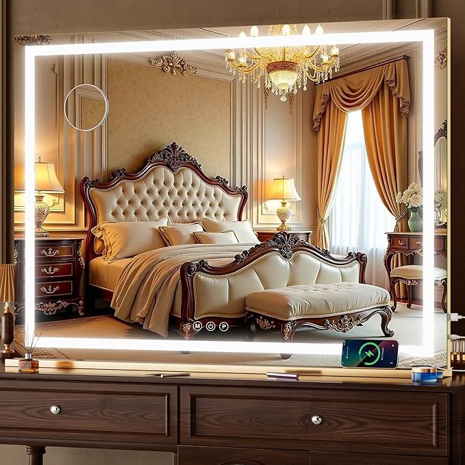 Hasipu Vanity Mirror with Lights, 32" x 24" LED Makeup Mirror, Lighted Makeup Mirror with Dimmable 3 Modes, Touch Screen Control Vanity Mirror Square Gold