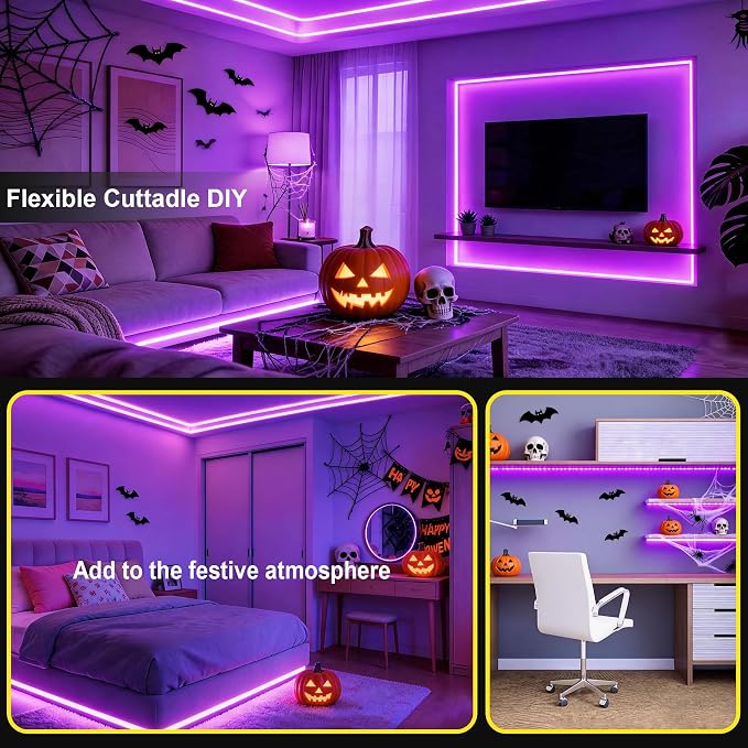 Purple 50 FT LED Lights Strip Indoor Rope Lights | Halloween Decor, LED Rope Lights, Easy DIY Cuttable, For Room Bathroom Living Room Kitchen, Ceiling Wall Vanity Mirror Decor