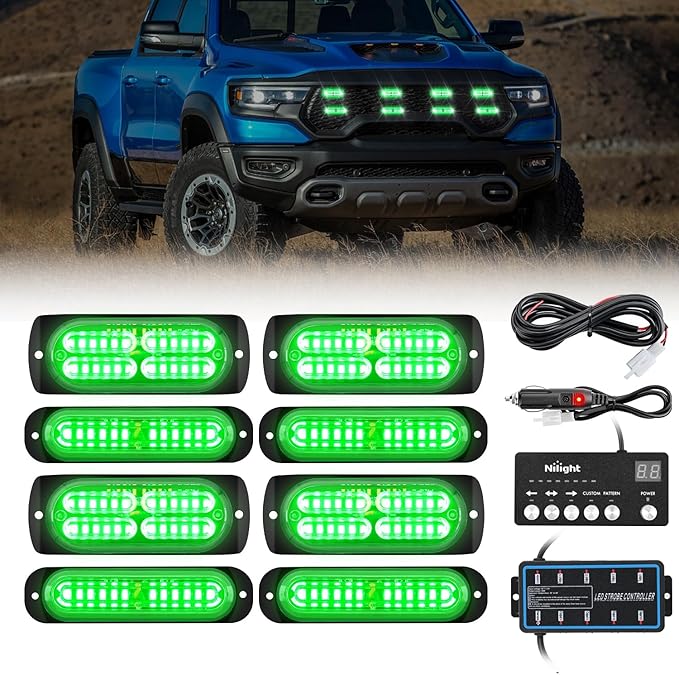 Nilight 8PCS Led Strobe Lights with Controller 12V 24V Sync Feature Green Emergency Hazard Warning Light 12 24 LEDs Surface Mount for Vehicle Car Truck RV ATV