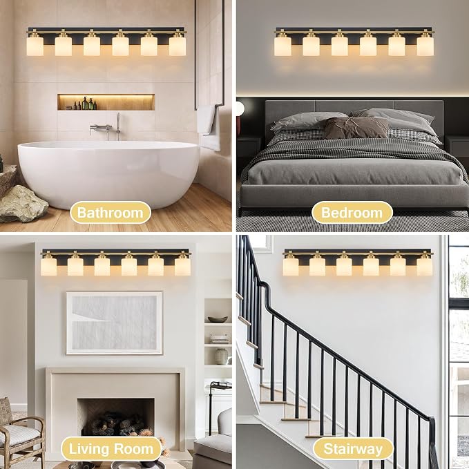 Modern Bathroom Light Fixtures Over Mirror, Vanity Lights for Bathroom Wall Sconces with Milky White Glass Shades, E26 Socket (Bulbs Not Included), 6 Light, Black Gold