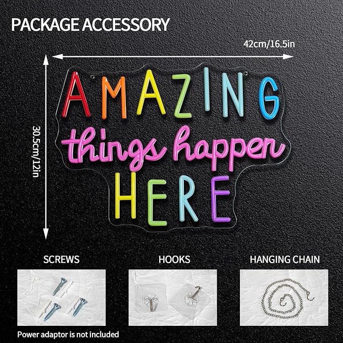 Amazing Things Happen Here Neon Sign Dimmable Positive Letters Neon Light Sign for Wall Decor Colorful Led Sign for Bedroom Cafe Bar Classroom Party Decor Birthday Gift 16.5" x 12"