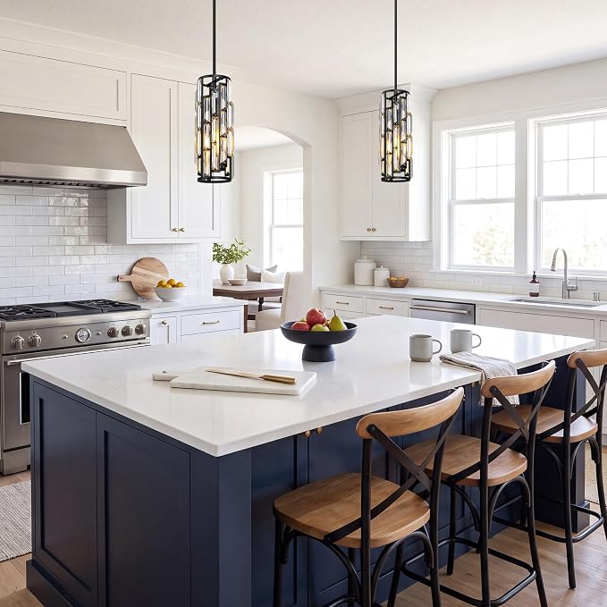 Black Pendant Lights Kitchen Island 2 Pack, Mini Crystal Chandeliers, Modern Pendant Lights Ceiling Lighting Fixtures for Kitchen Island, Dinning Room, Bedroom
