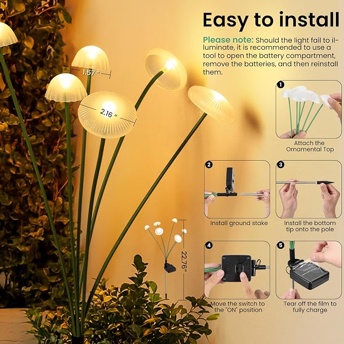 Solar Garden Lights, 6pack Swaying Mushroom Lights | Solar Fairy Lights for Outside, Waterproof Light Decor for Yard,Lawn,Patio,Pathway Decoration(Warm White)