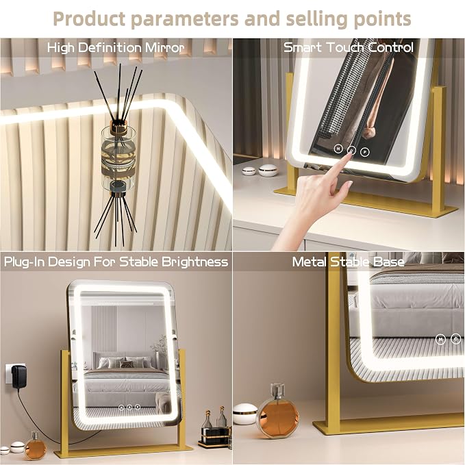 13.1"×16.7" Vanity Mirror with Lights, LED Makeup Mirror | Smart Touch, 3 Dimmable Colors, Memory Function, 10X Magnifying, for Desk, Bedroom, Dorm, Vanity
