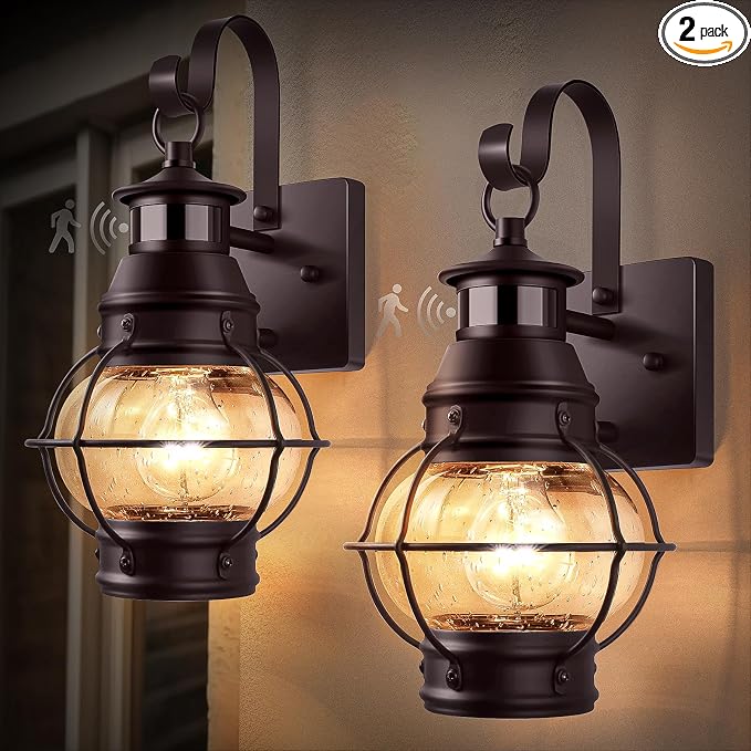 Lamomo 2-Pack Motion Sensor Outdoor Wall Lights – Aluminum Garage Exterior Light Fixtures, Anti-Rust Porch Lantern Set of 2, Waterproof Security Sconces for Entryway & Front Door (Bronze)