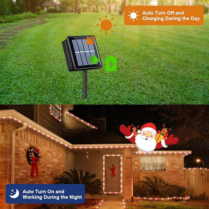 QITONG Red and White Solar Rope Lights, 2 Pack Each 33ft 100 LED Christmas String Light, 8 Modes Fairy Lights in Clear Thin Tube