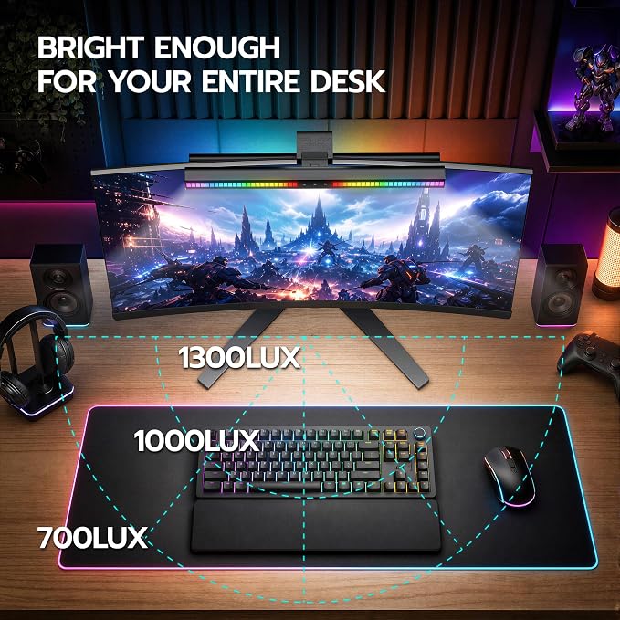ARES WING Monitor Light Bar with Music Sync, 2-Bar 3-Source RGB Lightbar | 7 Modes Gaming Backlight, CCT Adjustable & Stepless Dimming Fronlight, Eye-Care Computer Light, USB Desk Lamp for Home Office