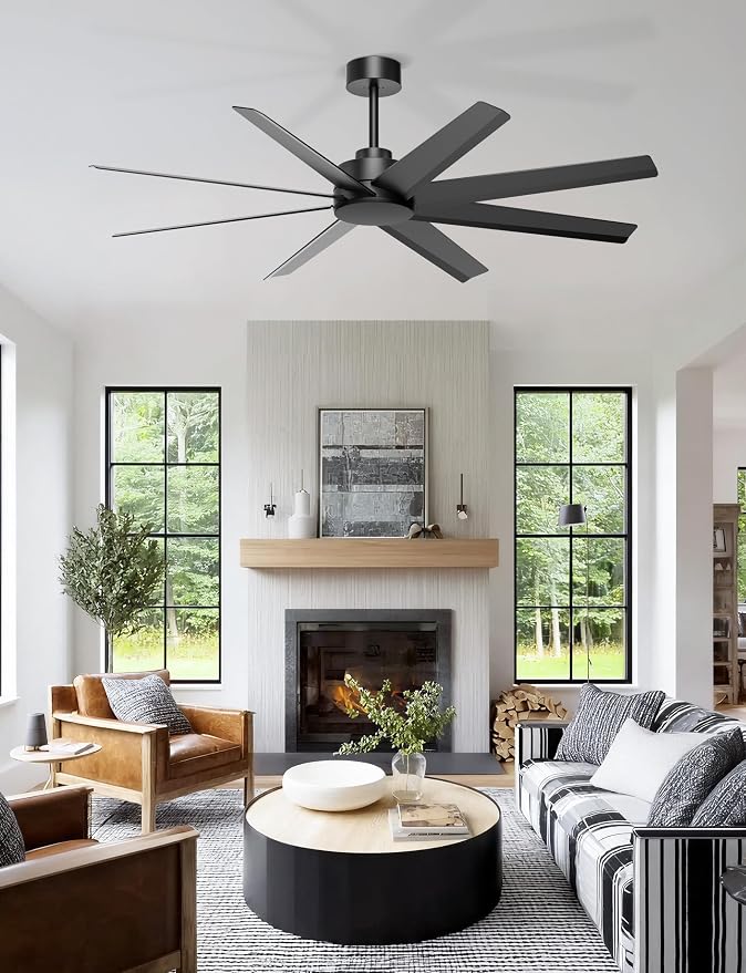 Ohniyou 60" Black Ceiling Fan No Light for Patio, Shop, Garage | Remote/App Control, Quiet DC Motor, Modern Covered Outdoor Fan with 8 ABS Blades