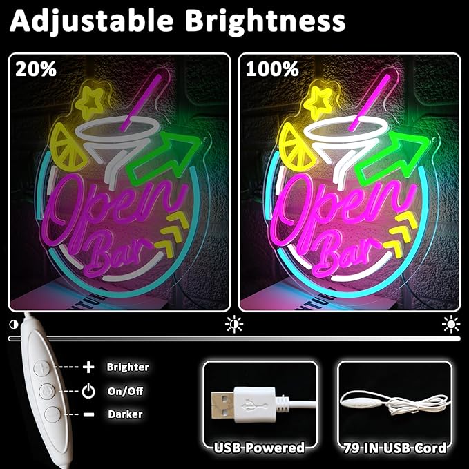 Open Bar Neon Sign for Wall Decor Dimmable 13.78" x 12.6" Led Open Sign for Cocktails Bar Neon Light for Business Home Pub Man Cave Beer Party Cocktail Club Shop Decoration