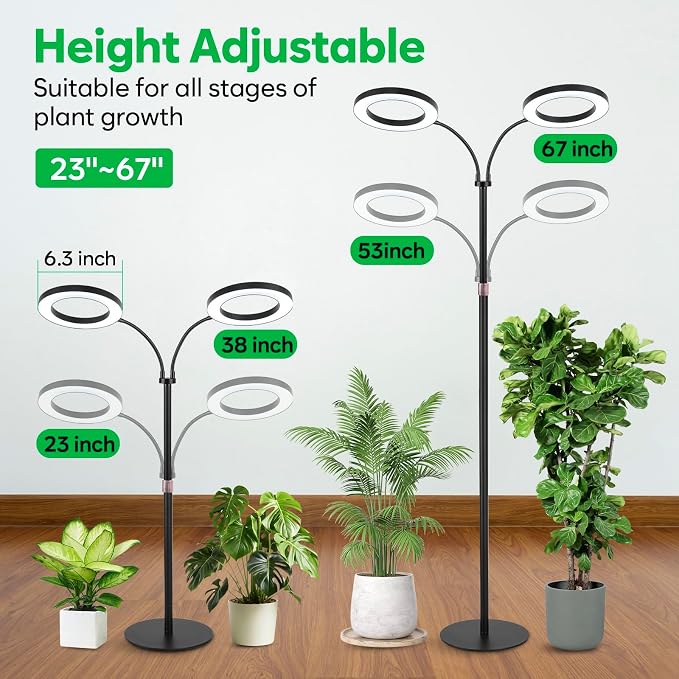 Grow Lights for Indoor Plants, 2-Head Plant Lamp & Height Adjustable, Black | Full Spectrum Floor Stand Plant Light for Large Tall Plants, 3/9/12H Timer, 10 Dimming, Modern Ring Grow Lamp for Home Décor