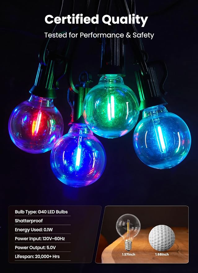 Brightown Outdoor String Lights 29 Feet G40 LED Patio Lights, RGB, Remote | 12 Plastic Edison Bulbs, Timer, Waterproof Connectable Outside Light for Backyard Porch Balcony Party Christmas Decoration