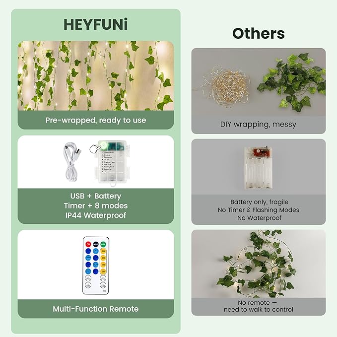 HEYFUNi 23FT Ivy Vines with Fairy Lights, Remote USB & Battery | Artificial Leaf String Lights with 73 Warm White LEDs, Timer, Memory, 8 Modes, Fake Vines for Bedroom, Dorm, Aesthetic Decor